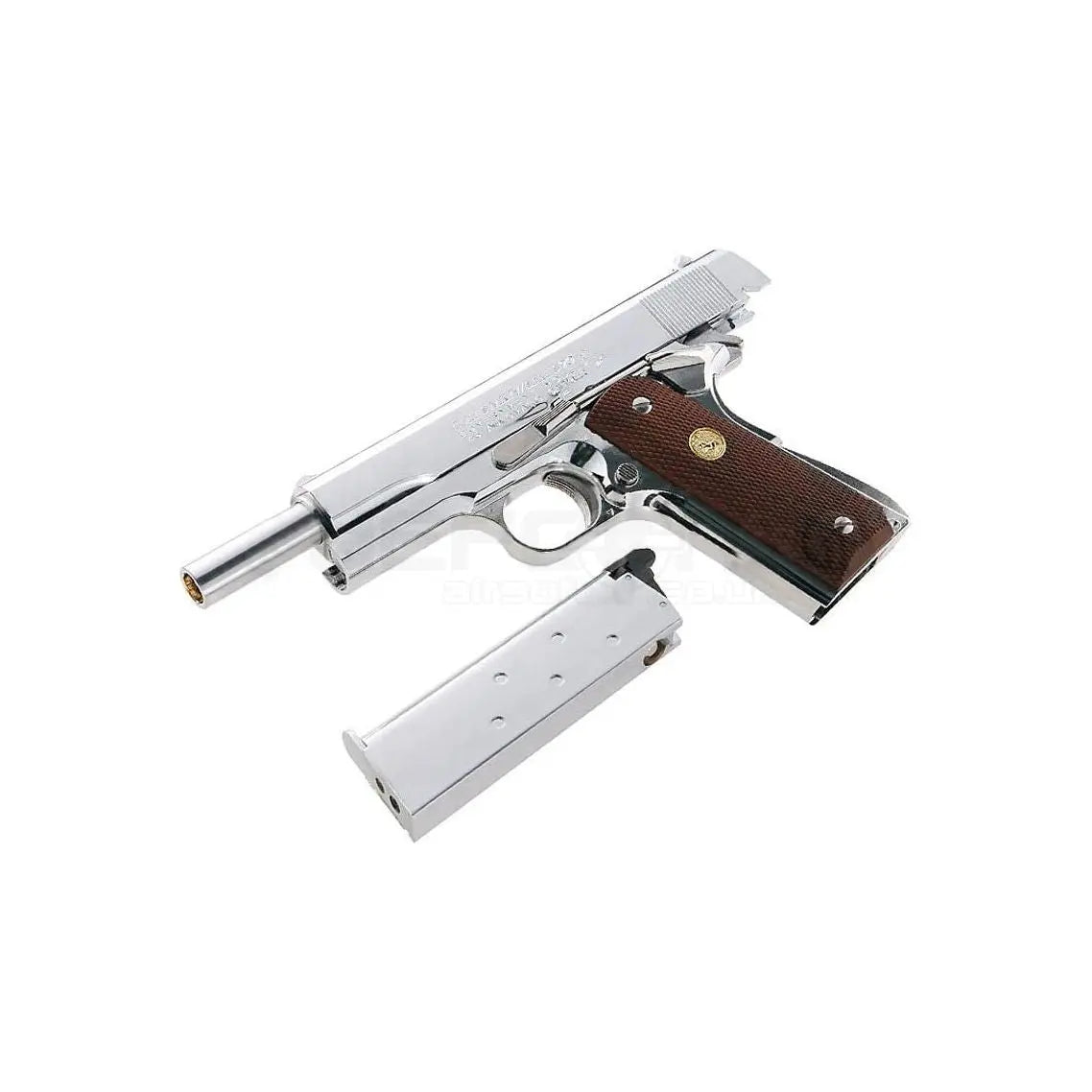 Tokyo Marui 1911 Government Series 70 Nickel Finish GBB avec calibre 6mm, propulsion par gaz, semi-automatique, énergie de 0.8 joules, vitesse de 293 FPS
