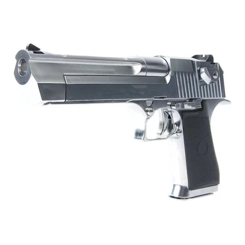 Tokyo Marui Desert Eagle.50AE Chrome Green Gas gun with adjustable hop-up, 2,100g weight, 270mm length, 27 rds capacity, 340 fps power, green gas power source, blowback feature
