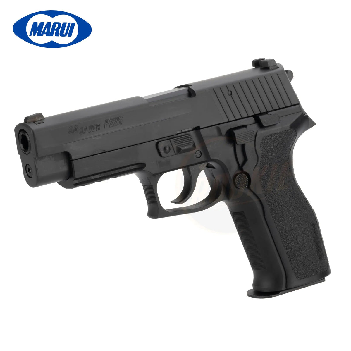 Tokyo Marui P226 E2 GBB specifications including adjustable hop-up, weight, length, capacity, power, power source, blowback, and shooting mode.