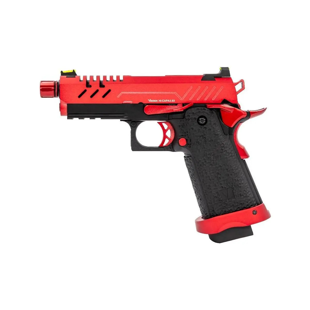 Réplique de pistolet Vorsk Hi-Capa 3.8 PRO en noir et rouge, disponible avec ou sans point rouge, présentant une culasse métallique et un design ultra-compact.