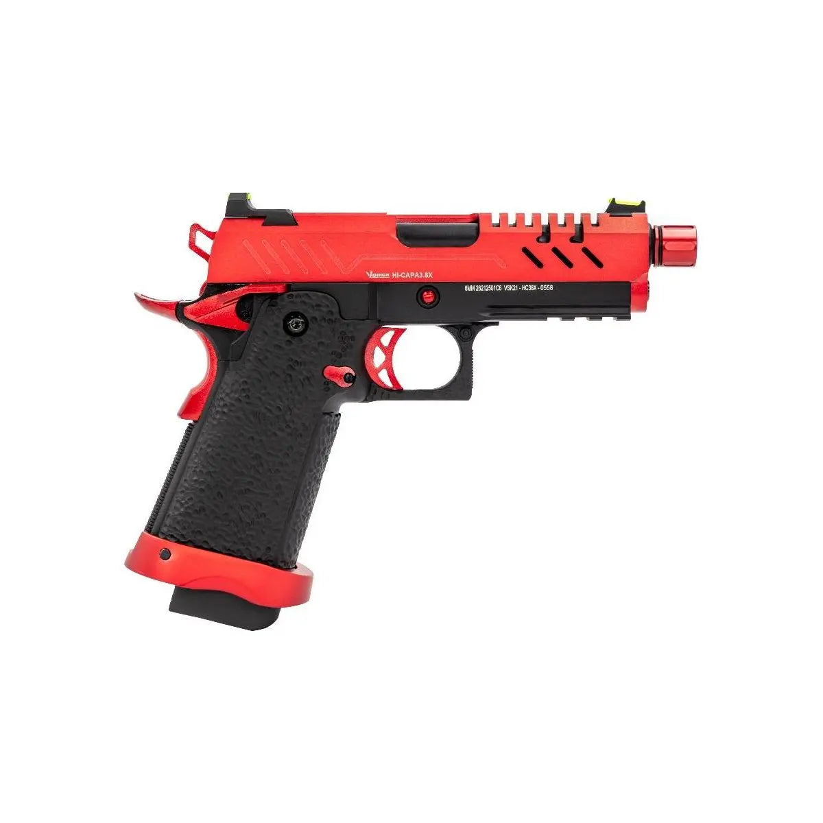 Réplique airsoft Vorsk Hi-Capa 3.8 PRO Noir/Rouge 1,0J avec ou sans point rouge, culasse métal ajourée, grip texturé, canon externe fluté
