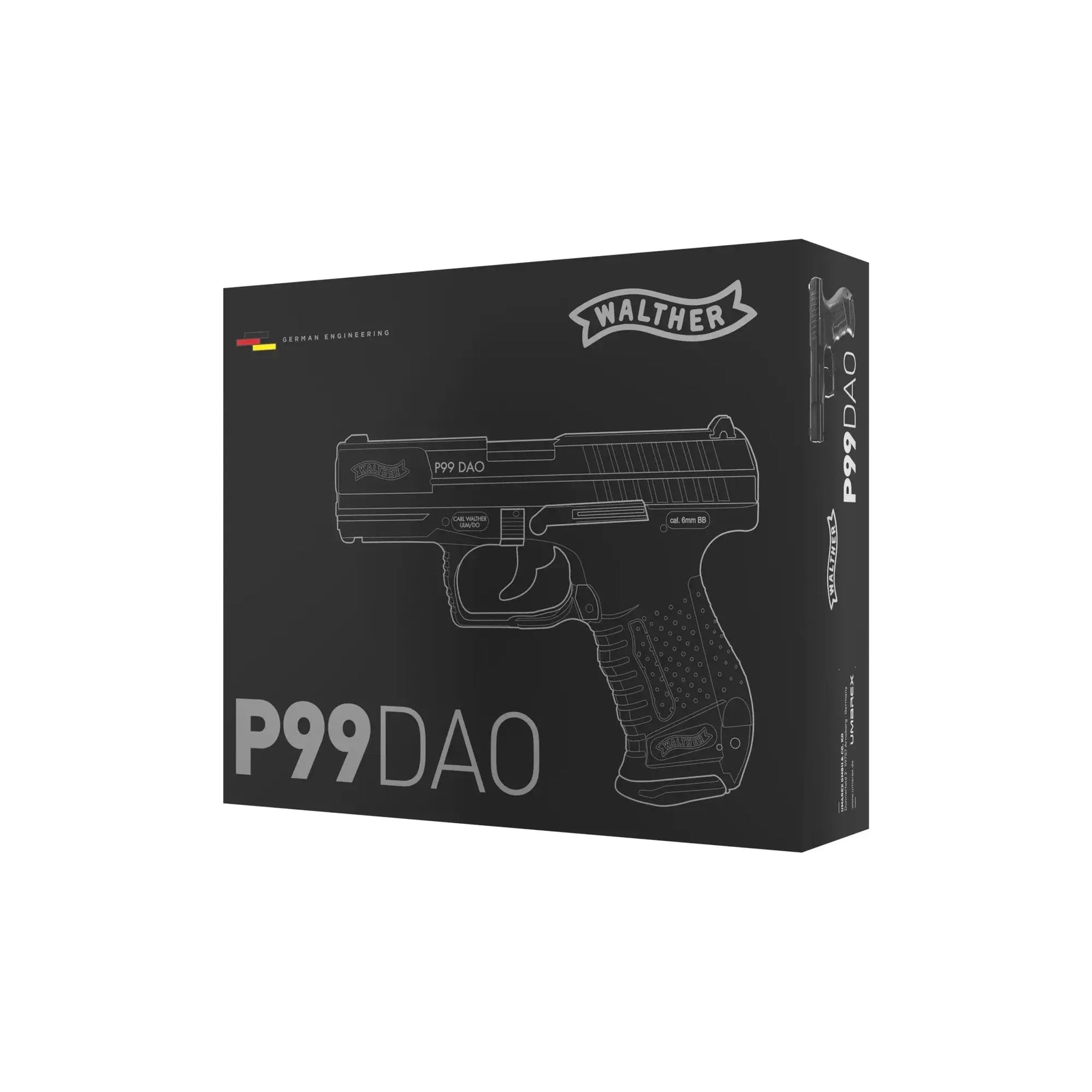 Image du pistolet WALTHER P99 DAO BBS 6MM CO2 2,0J avec culasse en métal, capacité de 15 coups, vitesse de 450 FPS, poids de 592