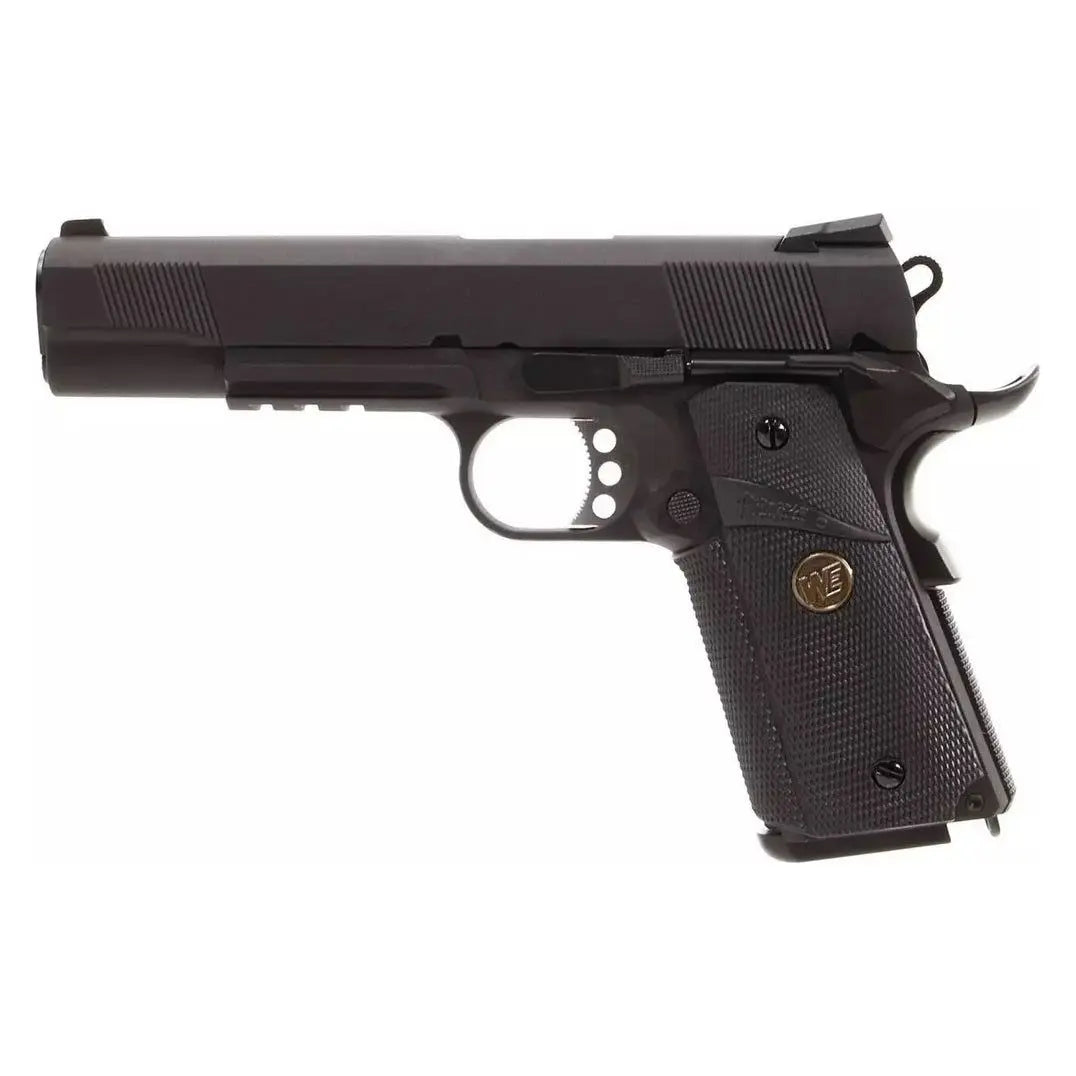 WE 1911 MEU noir avec rails, pistolet à gaz avec blow back, hop up réglable, 1025g, 222mm de long, en métal, tir coup par coup, 280-300