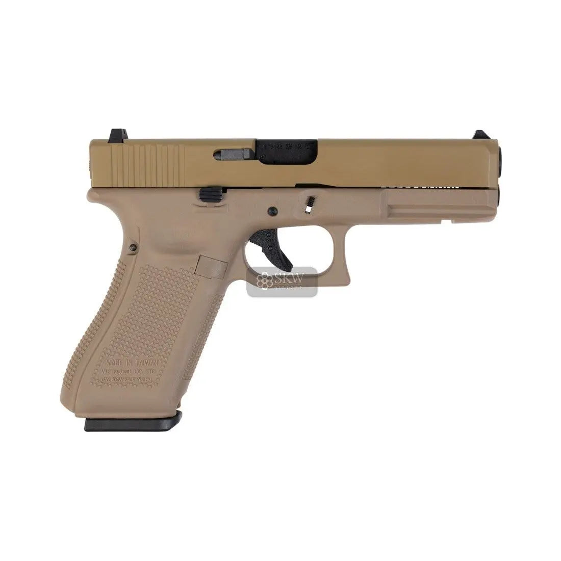 WE G17 Gen5 GBB Tan, MK1 GEN5 pistolet en métal et polymère avec blow back et hop up, poids de 800g, longueur de 200mm, FPS de 280-300,