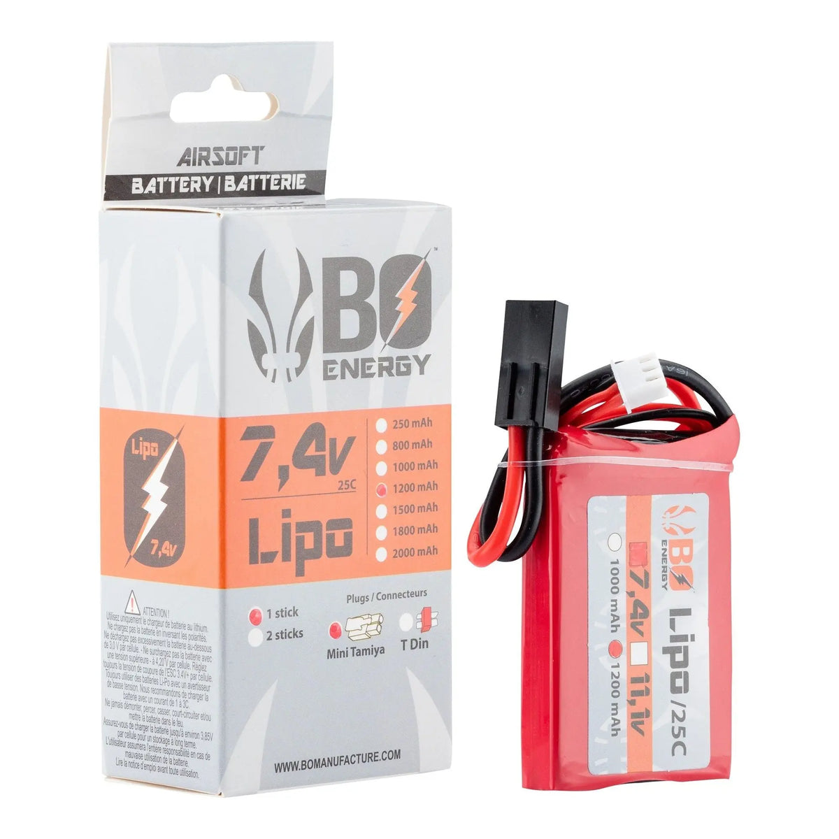 Balise alt pour une batterie Lipo 2S 7.4V 1200mAh 25C Peq avec des dimensions de 14.5 x 42 x 62mm, une décharge de 25C