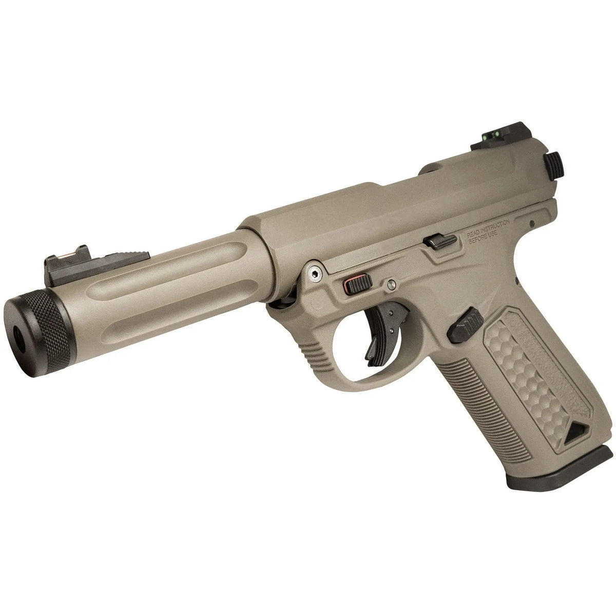 Balise alt SEO : "AAP-01 Assassin Semi & Full auto FDE, pistolet airsoft léger et compact avec culasse mobile, corps polymère, canon métal, chargeur 23 coups, hop-up réglable, compatible Glock