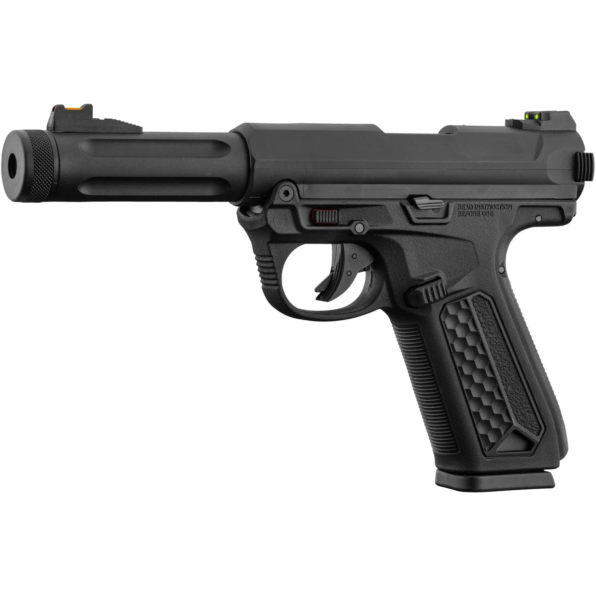 "Réplique AAP-01 Assassin noire semi et full auto, culasse mobile, corps polymère, canon métallique, chargeur 23 coups, hop-up réglable, 230mm, 231g."