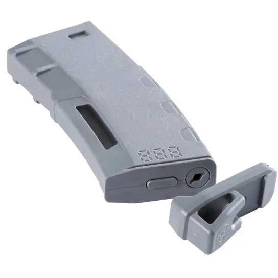 Chargeur M4 Mid-cap speed 130 billes en gris avec une contenance de 130 billes, remplissage par la tête, ressort d'armement solide et coque en polymer haute densité