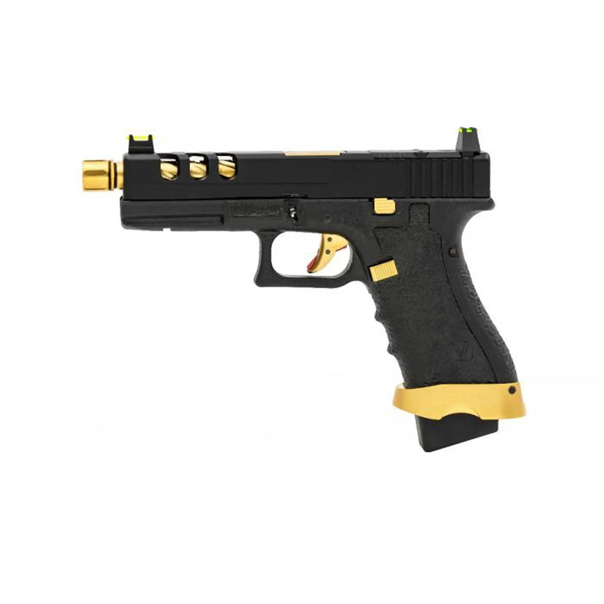 GBB VORSK EU7 Tactical Gold match - Pistolet Glock custom avec culasse en aluminium, canon externe torsadé doré et compatible CO2