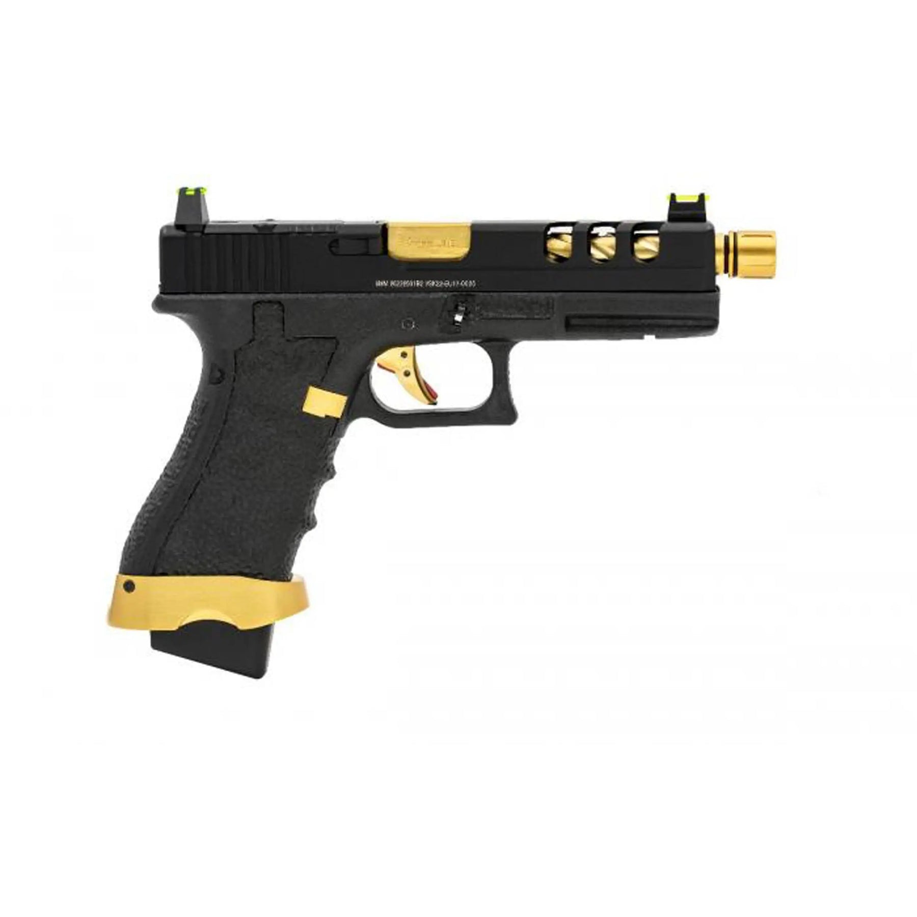 GBB VORSK EU7 Tactical Gold match - Pistolet Glock custom avec culasse Aluminium noire, canon externe torsadé Gold et compatible CO2
