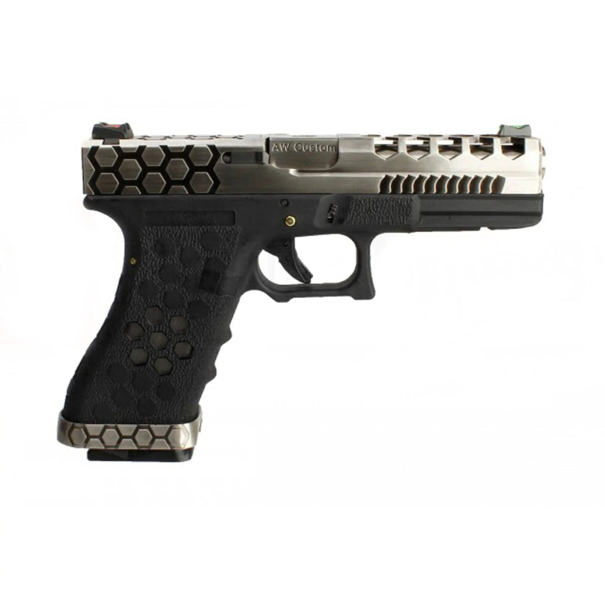 GBB VX0100 hex cut Noir/Silver, pistolet blowback avec culasse en métal, design hexagonal et capacité de 27 billes