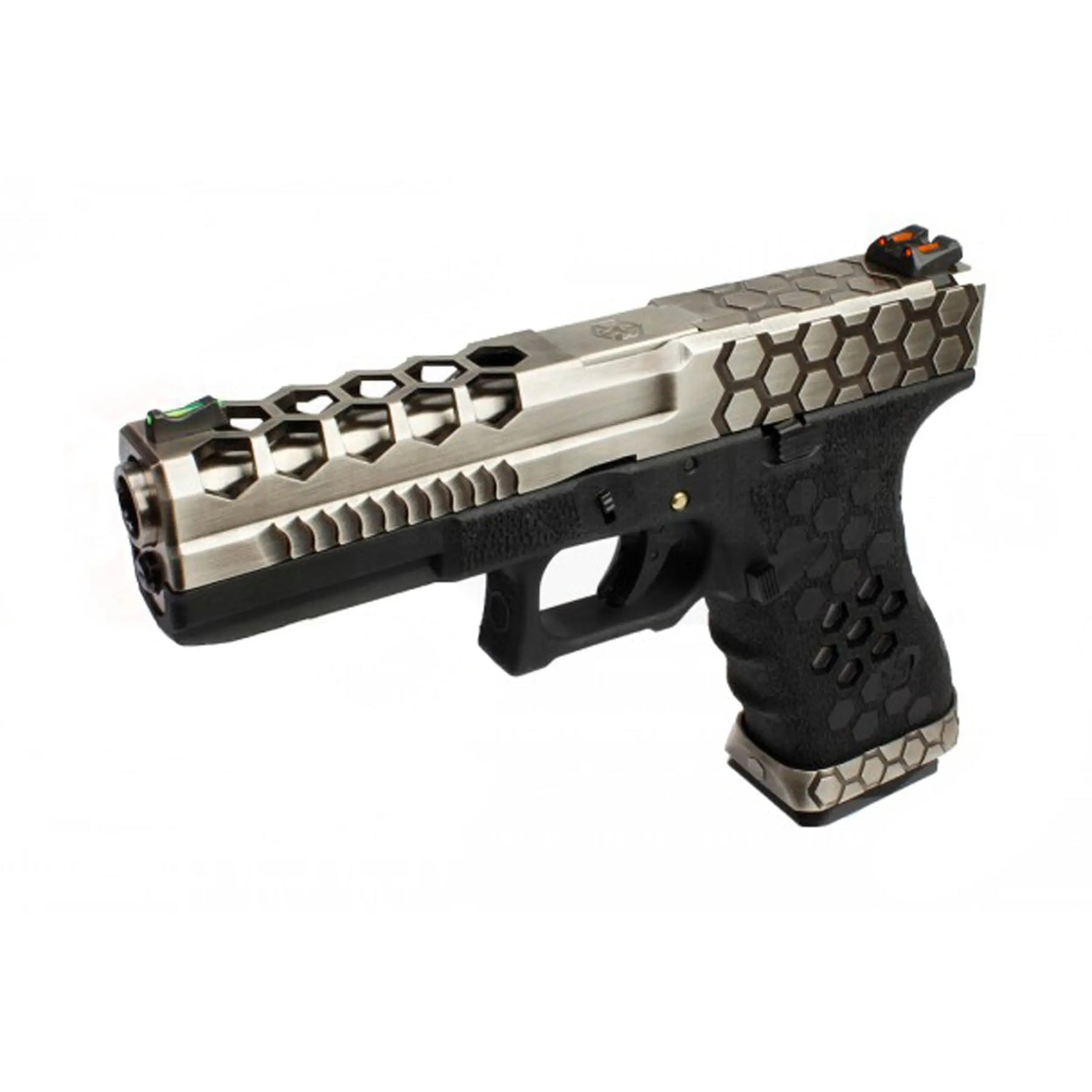 GBB VX0100 hex cut Noir/Silver, pistolet blowback avec design hexagonal, culasse métal silver et frame polymère noir.