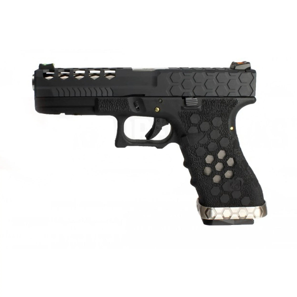 GBB VX0101 Hex Cut Noir, Glock custom avec design hexagonal, culasse métal silver, frame polymère noir, capacité de 27 billes, énergie de 0.95 joules