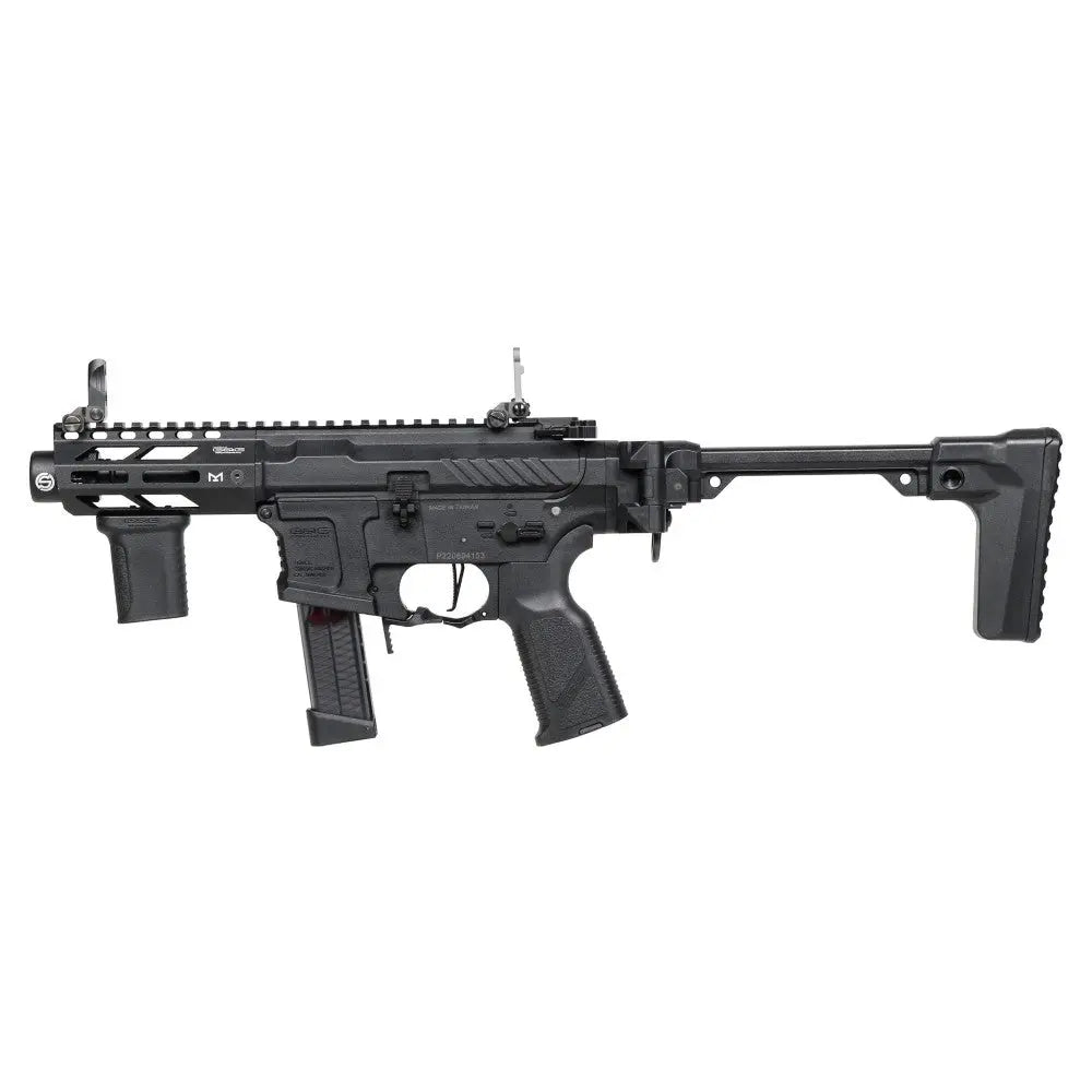 Airsoft G&G ARP9 3.0 noir ultra compact avec corps en polymère léger, protège-mains en aluminium, chargeur 68 coups, crosse rétractable, viseurs rabattables,
