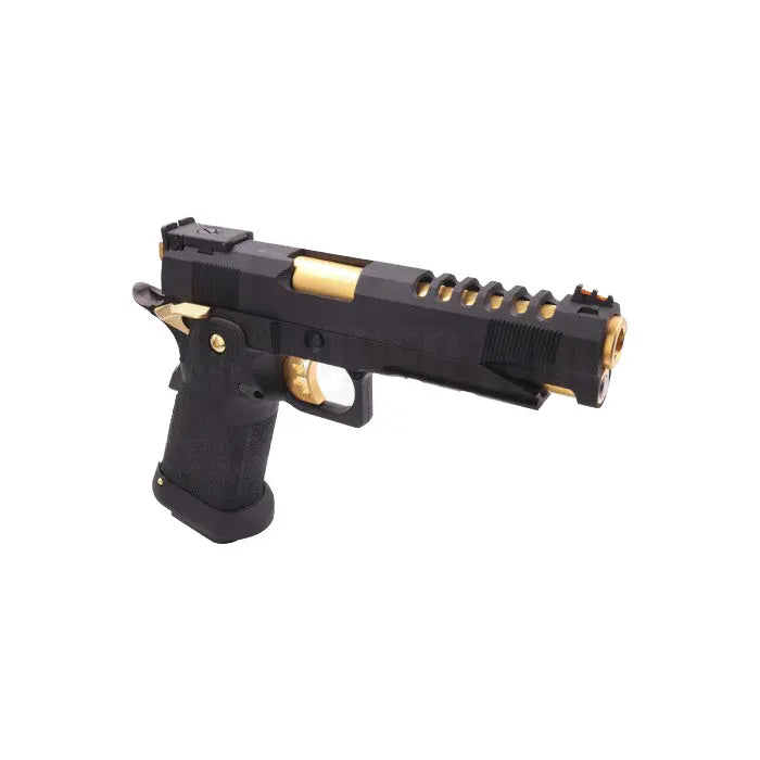 Réplique de pistolet Hi-Capa Aw Custom HX2701 5.1 BLACK/GOLD pour le speedsoft et le tir rapide avec culasse noire monobloc et corps en polymère résistant.