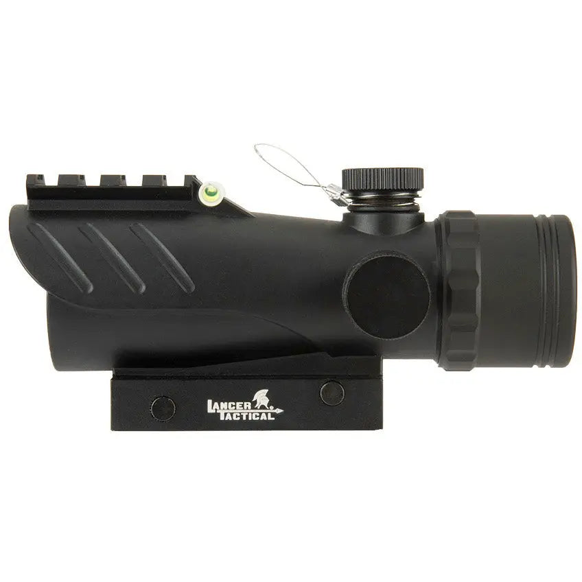 Point rouge 32mm montage Ris noir pour airsoft avec rail de montage Picatinny, construction en aluminium anodisé noir, lentille traitée anti-reflet, et intensité réglable.