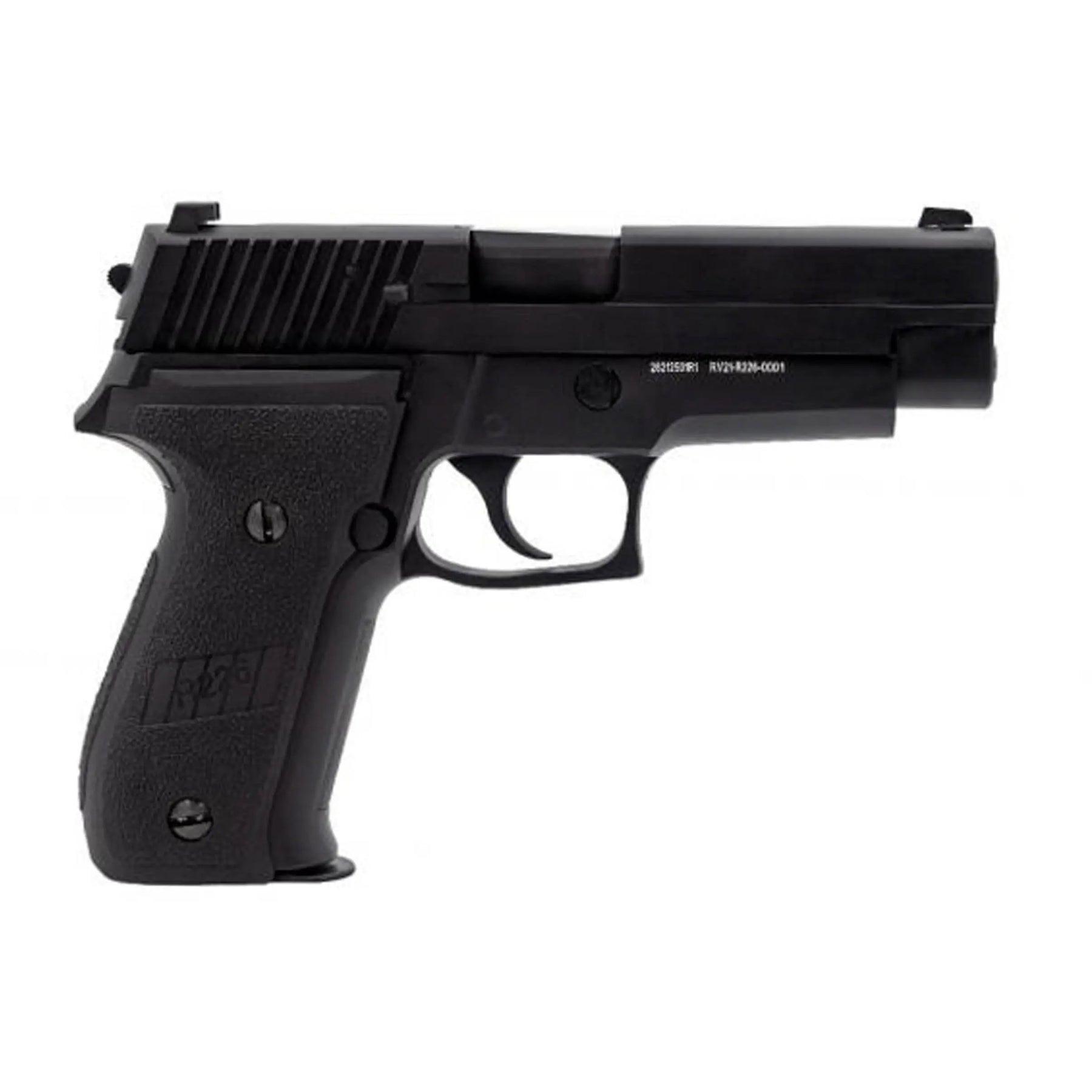 Raven R226 noir GBB, pistolet semi-auto avec carcasse métallique, plaquettes en plastique noir, et canon externe noir.