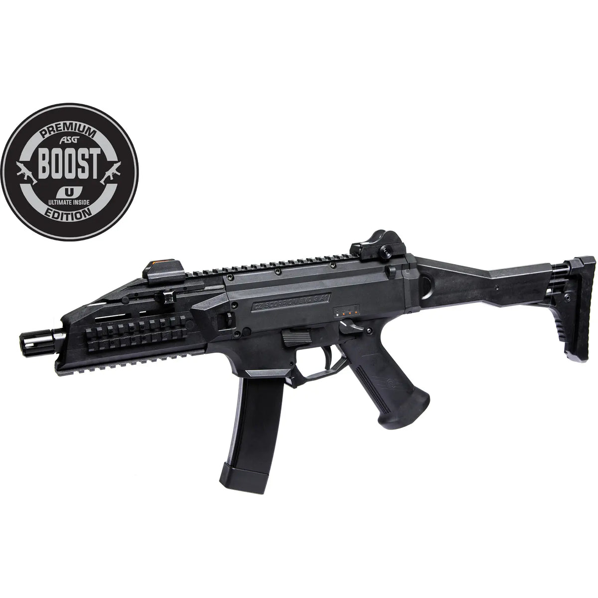 Vue du pistolet-mitrailleur Scorpion CZ Evo 3 A1 Ultimate Boost, de calibre 9x19mm, avec crosse ajustable, rails Picatinny et composants internes avancés pour une