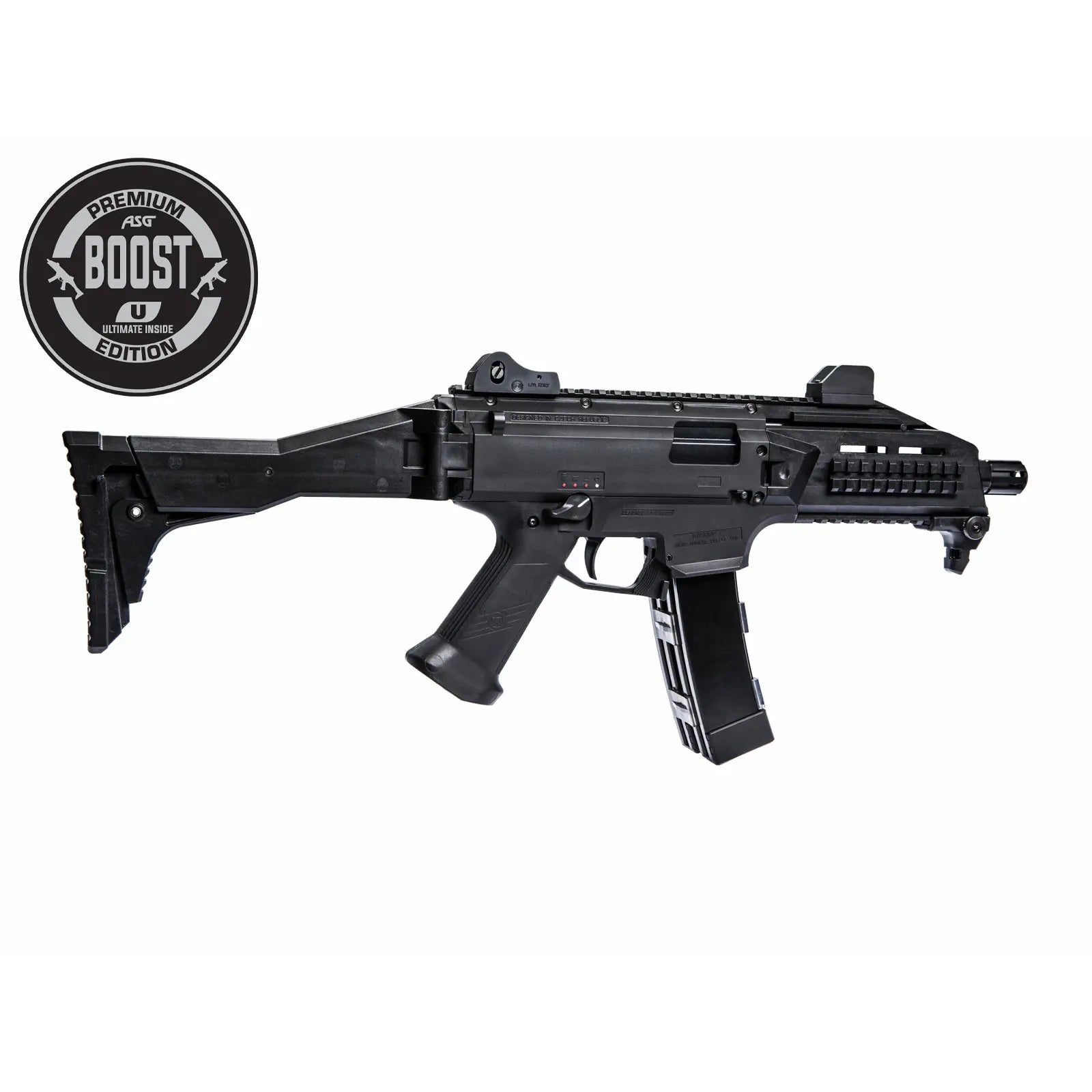 Image du pistolet-mitrailleur Scorpion CZ Evo 3 A1 ULTIMATE BOOST, une réplique d'airsoft avancée conçue par ASG pour imiter l'expérience de manipulation de