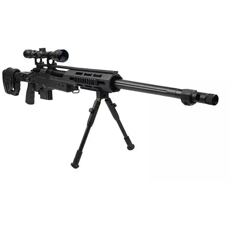 Sniper à ressort noir Well MSR MB4411D, longueur 980/1120mm, puissance ~400fps/~1.4 Joule, avec bipied et lunette inclus, idéal pour initiation au tir long