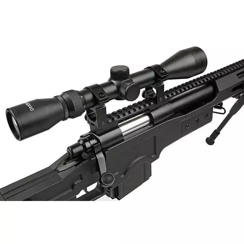 Sniper MSR MB4411D noir de marque Well avec bipied et lunette, idéal pour tir longue distance, puissance d'environ 400fps / 1.4 Joule.