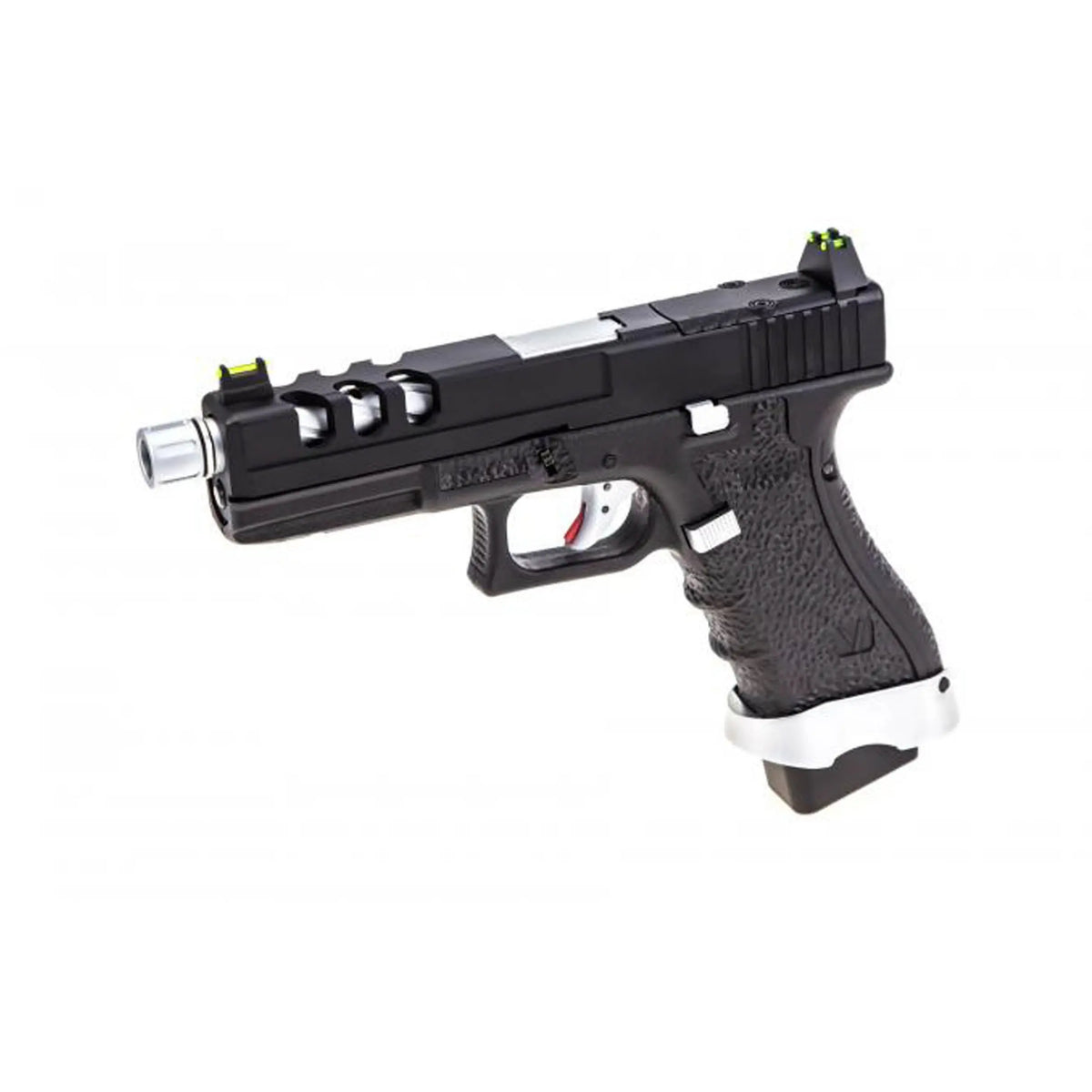 VORSK EU7 Vented Noir, pistolet Glock custom avec culasse Aluminium noire, canon externe torsadé Silver et chargeur gaz 26 billes