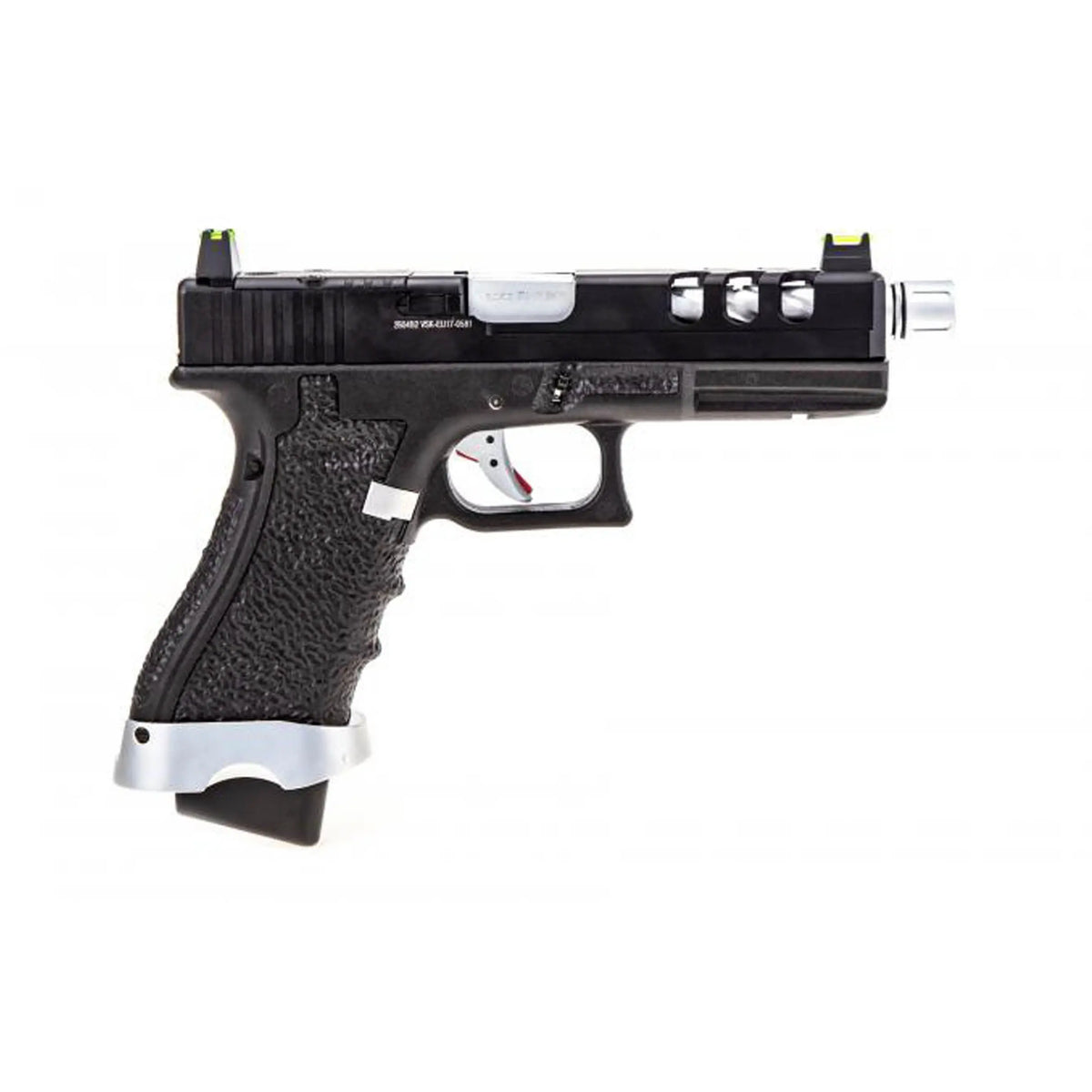 VORSK EU7 Vented Noir, pistolet Glock custom avec culasse en aluminium, frame polymère noire et canon externe torsadé silver.