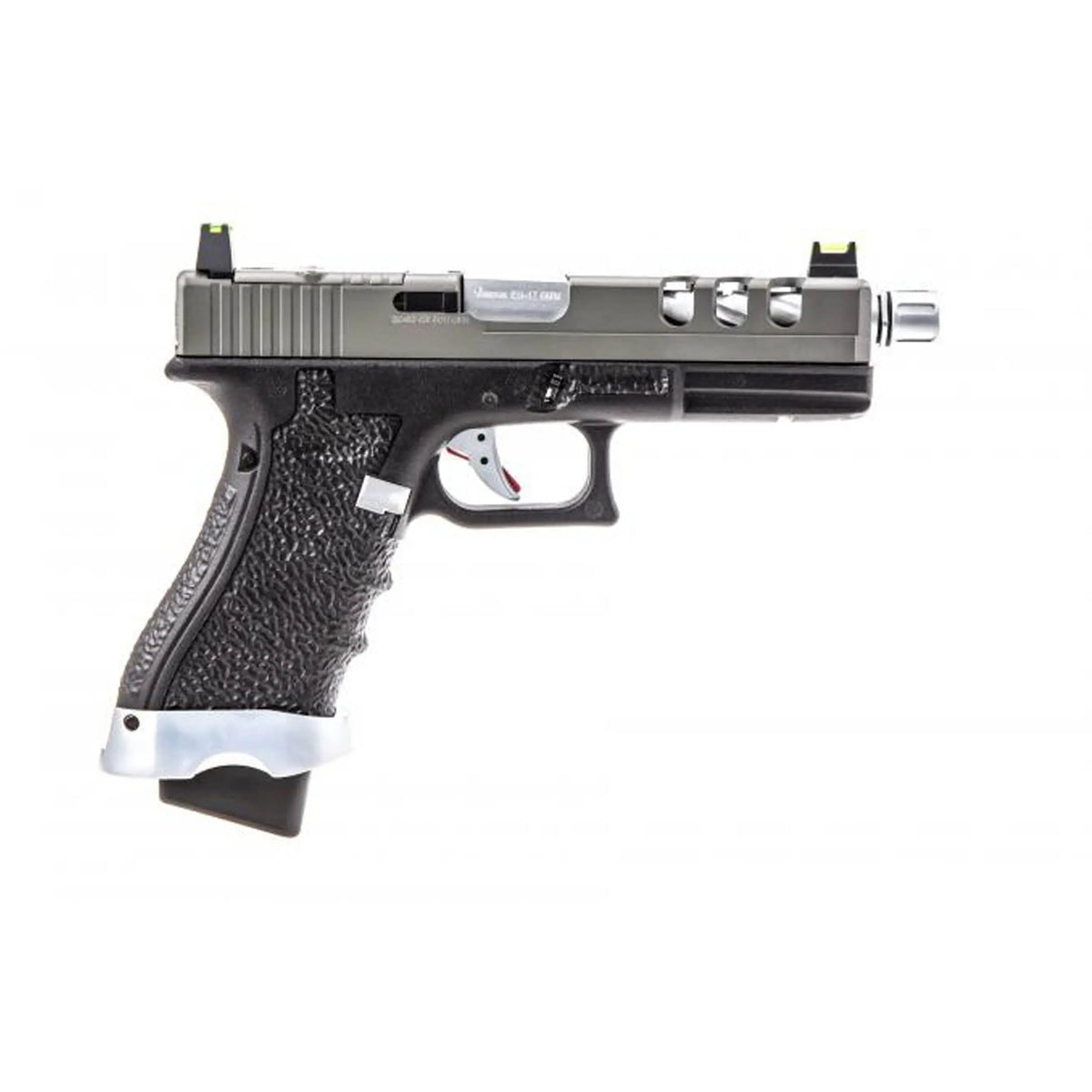 VORSK EU7 Vented Noir/Gris - Pistolet semi-auto avec culasse aluminium grise, frame polymère noire et canon externe torsadé silver