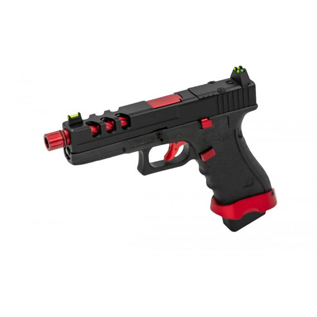 SEO optimised Alt tag for VORSK EU7 Vented Rouge match: Custom Glock-style VORSK EU7 gun with a black aluminium slide, red twisted outer barrel, and raised sights.