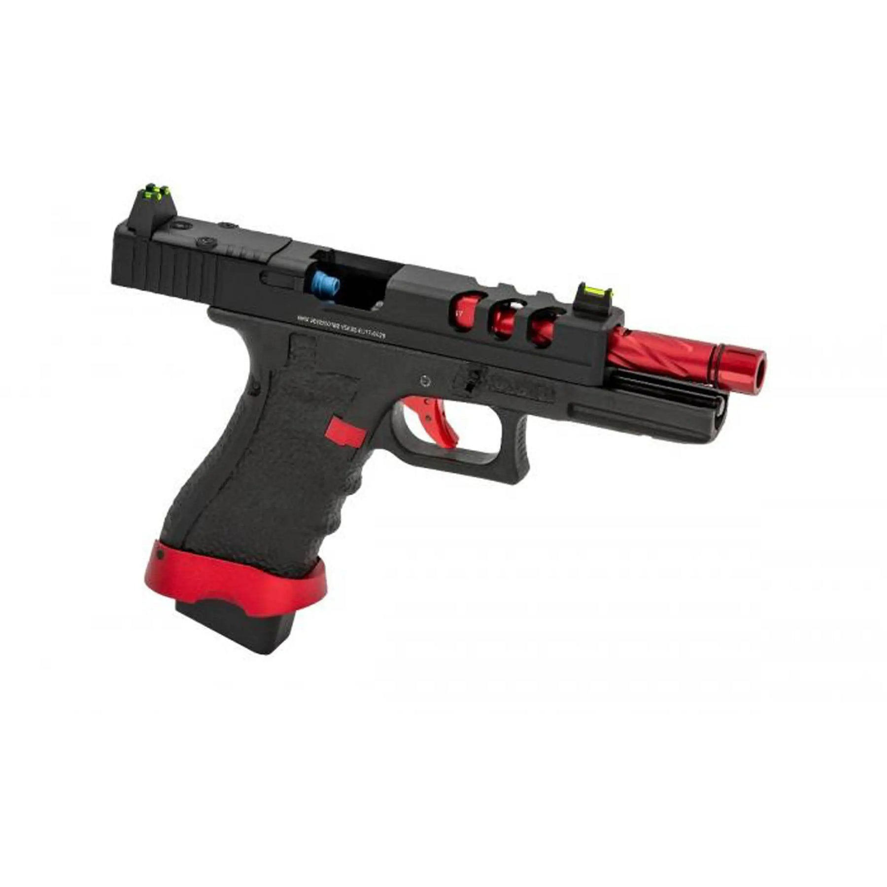 VORSK EU7 Vented Rouge match, pistolet à l'ergonomie et au design soigné, type Glock Custom avec culasse Aluminium noire, canon externe torsadé rouge et chargeur gaz 26