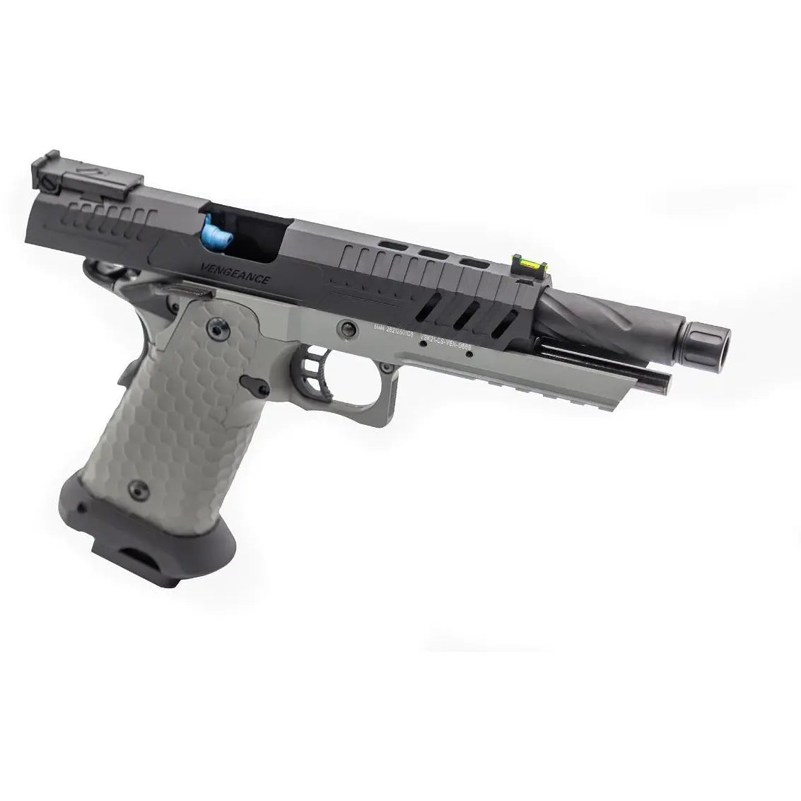 Réplique de Vorsk CS Hi-Capa Vengeance Grey / Noir avec viseur arrière réglable, cache flamme et adaptateur de 12 mm à 14 mm, disponible avec ou sans point rouge
