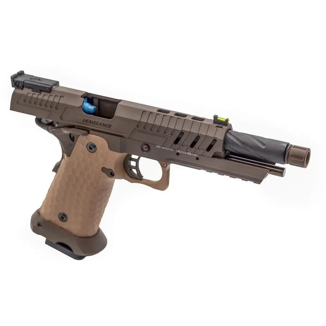 Réplique de pistolet Vorsk CS Hi-Capa Vengeance Tan / Bronze avec point rouge en option, viseur arrière réglable et cache flamme.