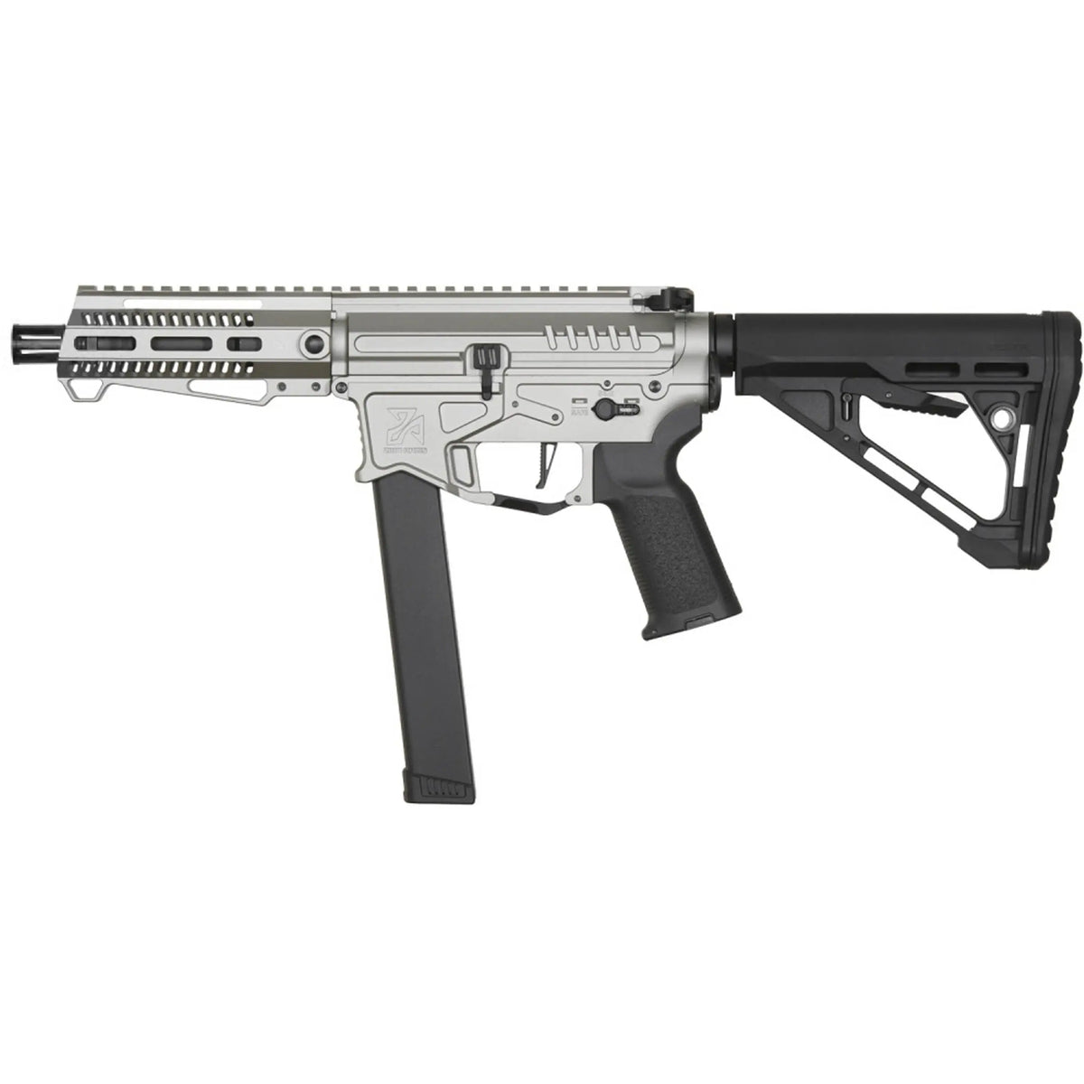 Réplique airsoft Zion Arms PW9 Mod 1 avec garde main court Chrome, fonctionnalités semi-automatiques, en noir avec ergonomie et aspect authentique, batterie Lipo 11.1V