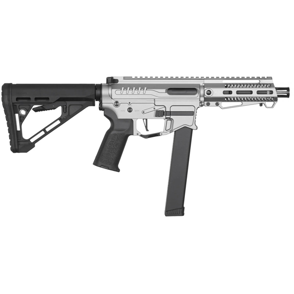Réplique airsoft Zion Arms PW9 Mod 1 avec garde main court en chrome et détails techniques précis.