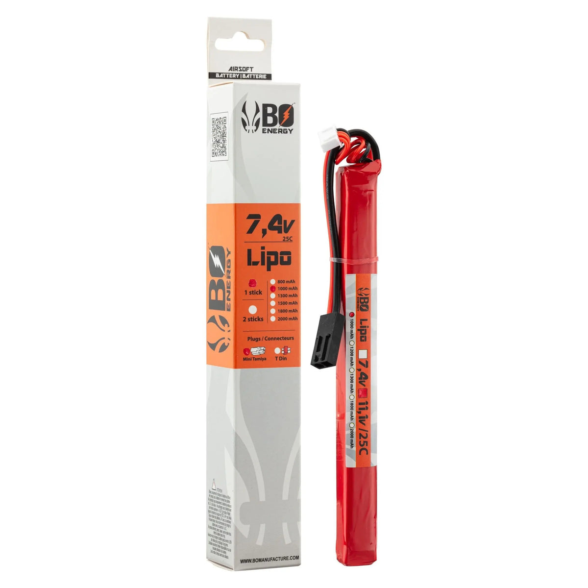 "Stick batterie Lipo 2S 7.4V 1000mAh pour AK/Scorpion, décharge 25C, connecteur T-Dean, compatible tube-crosse et scorpion Evo."