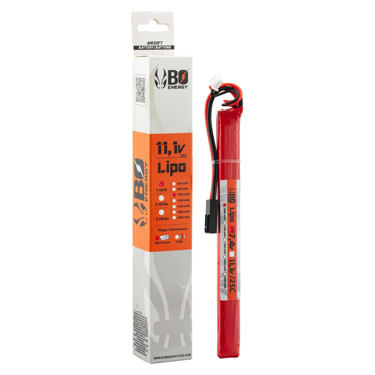 "Stick batterie Lipo 3S 11.1V 1000mAh 25C avec connectique mini Tamiya pour AK/Scorpion, dimensions 15x15x170mm, décharge 25C, burst