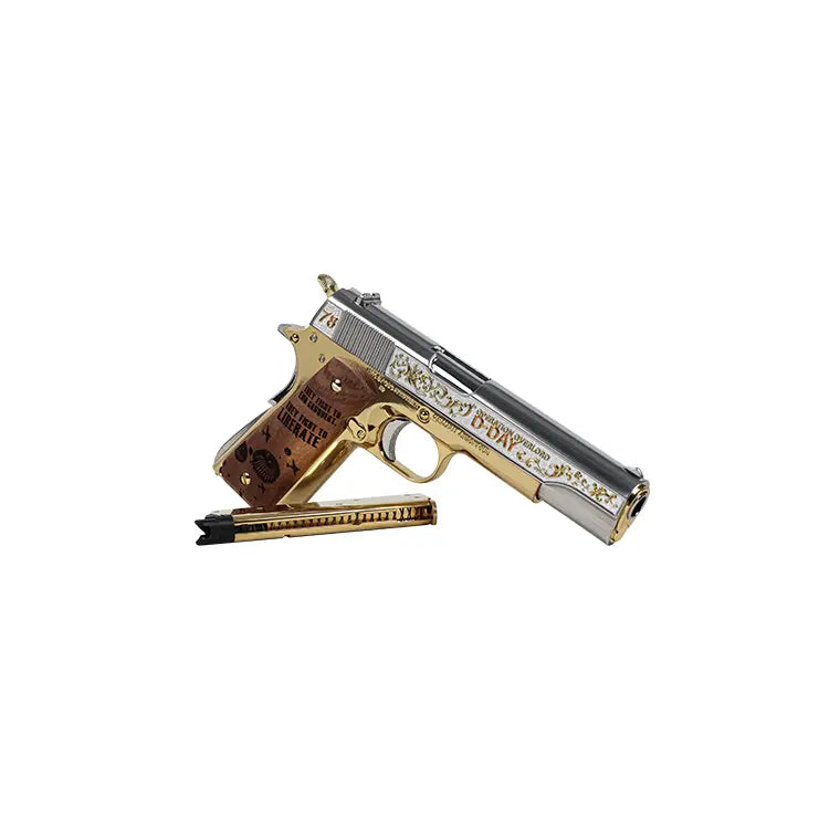 "Réplique limitée 1911 D-Day GAZ, inspirée de l'arme US emblématique, métal noir/gris mat, kick réaliste, édition 200 pièces, système gaz innovant, présentation soignée, calibre 6mm
