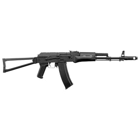 Balise alt SEO : "Réplique AEG AKS-74N 1,0J avec corps en polymer noir, gearbox V3 en métal, crosse repliable, et canon interne 6,02x270mm."