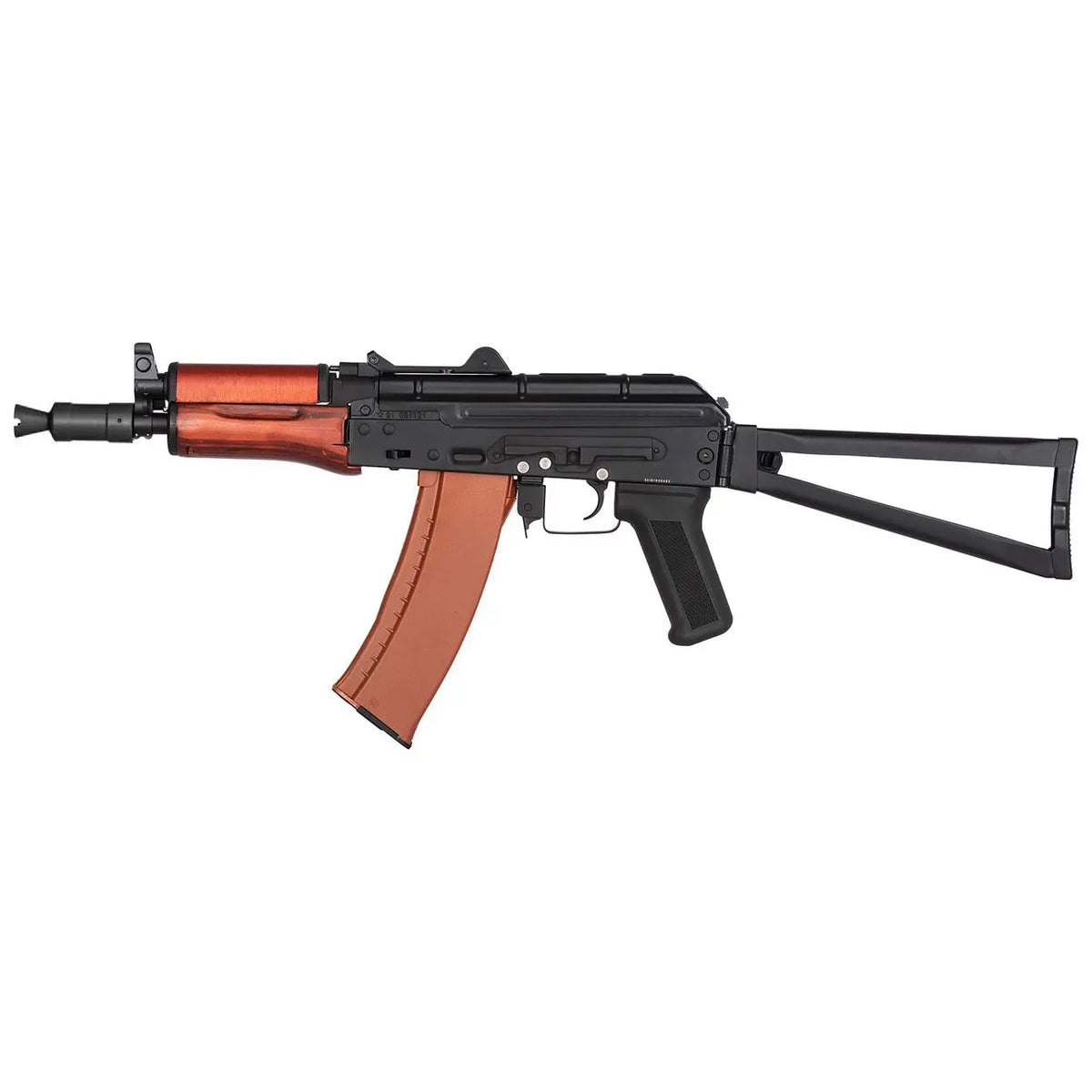 "Réplique AEG AKS-74U acier et bois 1,0J avec garde-main en bois véritable, crosse repliable et rail optique latéral, idéale pour airsoft."