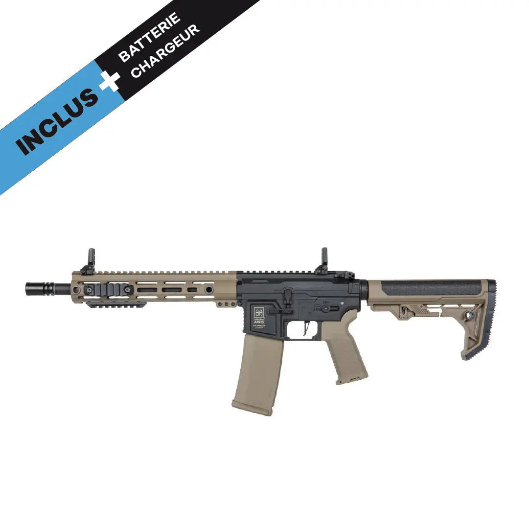 "Pack complet AEG SA-F05 RL HAL FLEX noire et tan : réplique airsoft haute performance en polycarbonate, longueur ajustable, gearbox V2, hop-up réglable, crosse 5 positions, système HAL innovant, charge