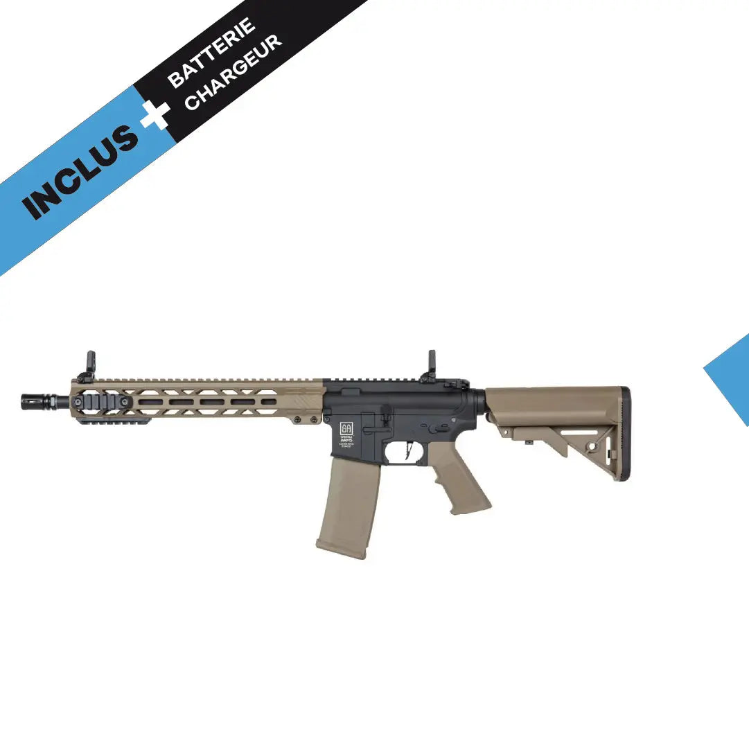 Alt : "AEG SA-F09 FLEX HAL ETU noire et tan, pack complet lipo, airsoft avec matériaux polycarbonates, longueur ajustable, gearbox V2, hop-up réglable, crosse 5 positions, puissance