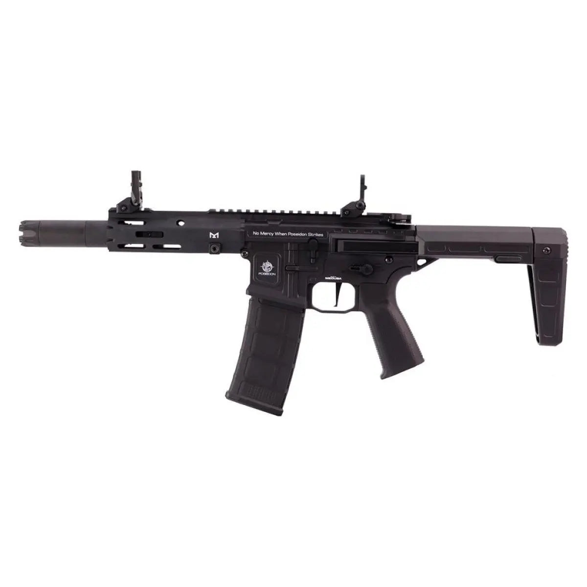 Réplique longue AVENGER QRF MEDUSA AEG Poseidon M4 avec pièces internes taiwanaises, corps en nylon haute résistance, garde-main en aluminium, et système Medusa ajustable via Bluetooth