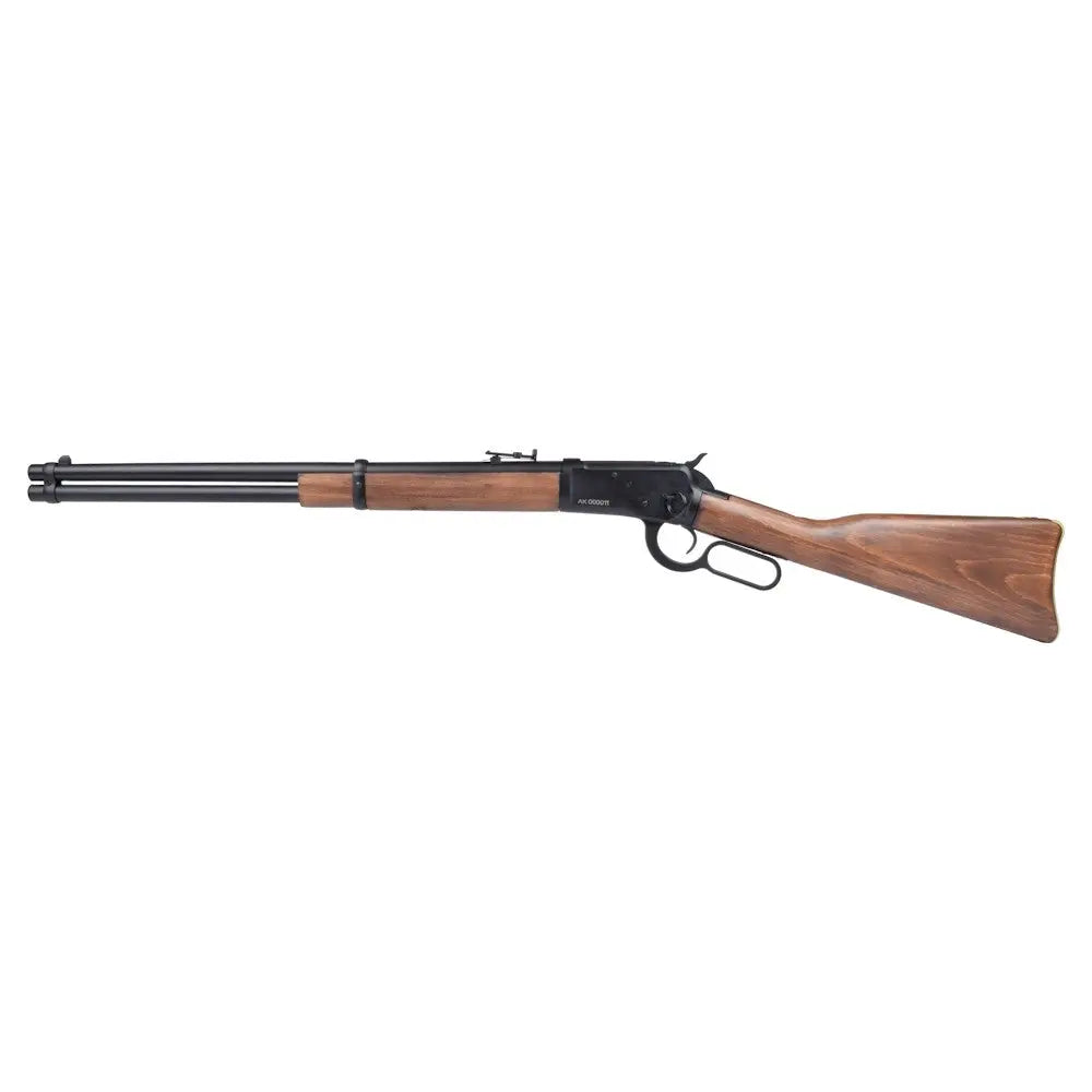 alt="Fusil à gaz Winchester M1892 noir A&K avec récepteur et canon en métal, crosse en bois véritable, système à levier en métal, chargeur interne 25 coups, chambre à gaz sous le canon,