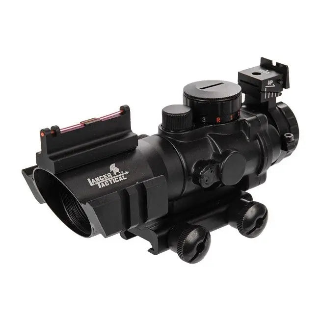 "Acog 4x32 airsoft, point lumineux rouge, vert et bleu, montage Picatinny 20mm, réticule Mildot, métal anodisé noir, waterproof, anti-choc, pile CR2032 incluse"