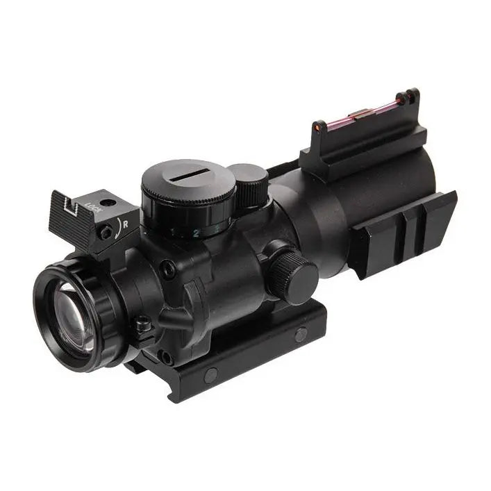 Balise alt SEO : "Lunette Acog 4x32 pour airsoft avec points lumineux rouge, vert et bleu, montage Picatinny 20mm, construction en métal anodisé noir, réglage rapide, réticule Mild