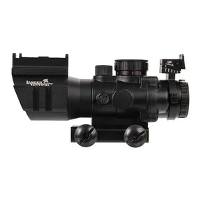 Balise alt SEO : "Lunette Acog 4x32 airsoft avec point lumineux rouge, vert, bleu, montage Picatinny 20mm, construction métal noir, étanche et anti-choc."