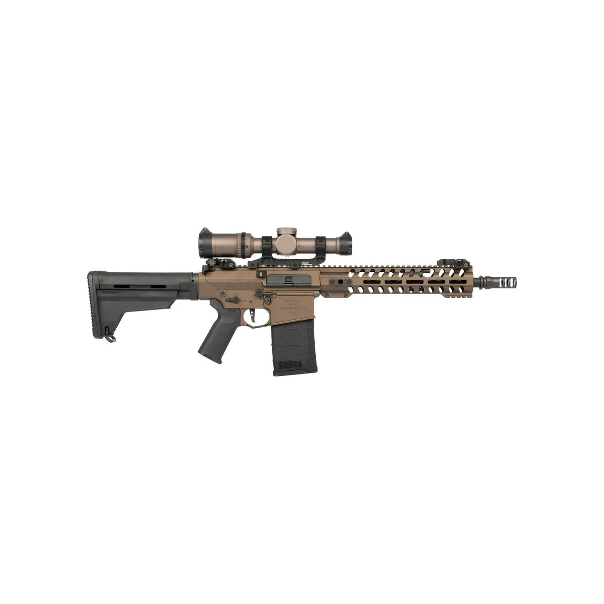 "Réplique haut de gamme Ares AR308M DELUXE AEG 1,3j avec corps en aluminium anodisé bronze, cylindre monobloc, sélecteur ambidextre, crosse dernière génération, et accessoires