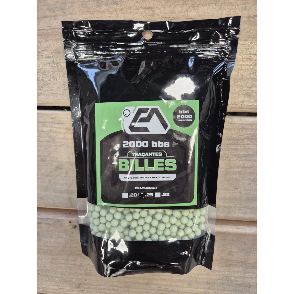 Billes bio traçantes EA Essencial Airsoft, 0.25g, 2000bbs, testées pour une précision de tir optimale, certifiées bio et emballées dans un paquet refermable