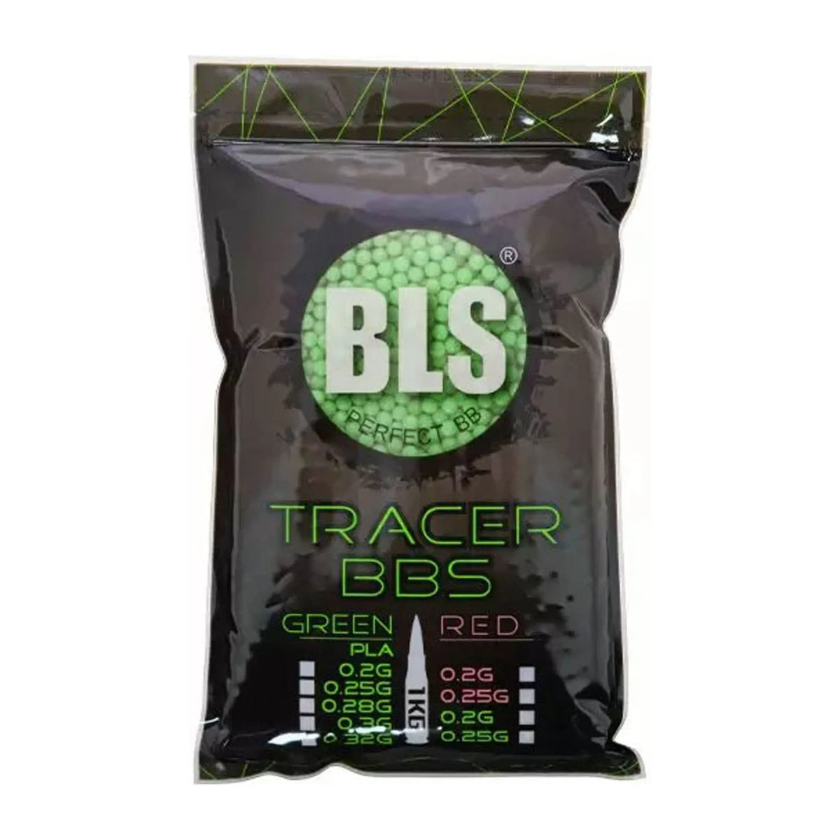 Balles d'airsoft biodégradables Tracer BIO 0,32g 6mm de BLS pour jeux nocturnes