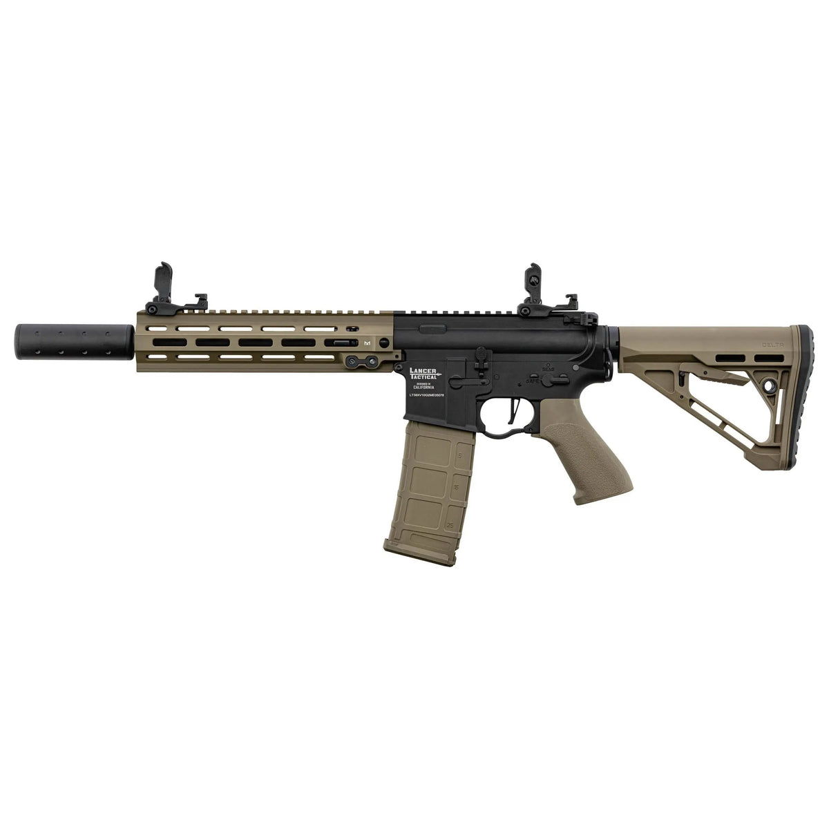Blazer 10 Proline Bi-ton Lancer Tactical avec garde main M-Lock, silencieux et crosse delta, équipé d'une détente électronique ETU pour une réactivité accrue.